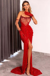 Sexy Red Strapless Sequins Beading Ruffle Split Sweep Train Front Prom Evening Dresses With Gloves